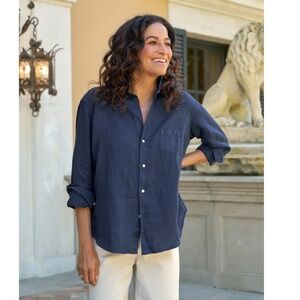 FRANK & EILEEN 'Eileen'  Long Sleeved Linen Shirt in Washed Navy - M